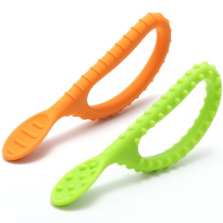 Special Supplies Duo Spoon Loops Oral Motor Therapy Tools, 2 Pack, Textured Stimulation and Sensory Input Treatment for Babies, Toddlers or Kids, BPA Free Silicone with Flexible, Easy Handle-Green & Orange