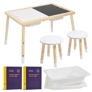 Kid’s Sensory Table Set with Deep Water and Sand Bins, Writable Lids, Chalk and Dry Erase Markers, and 2 Children’s Stools