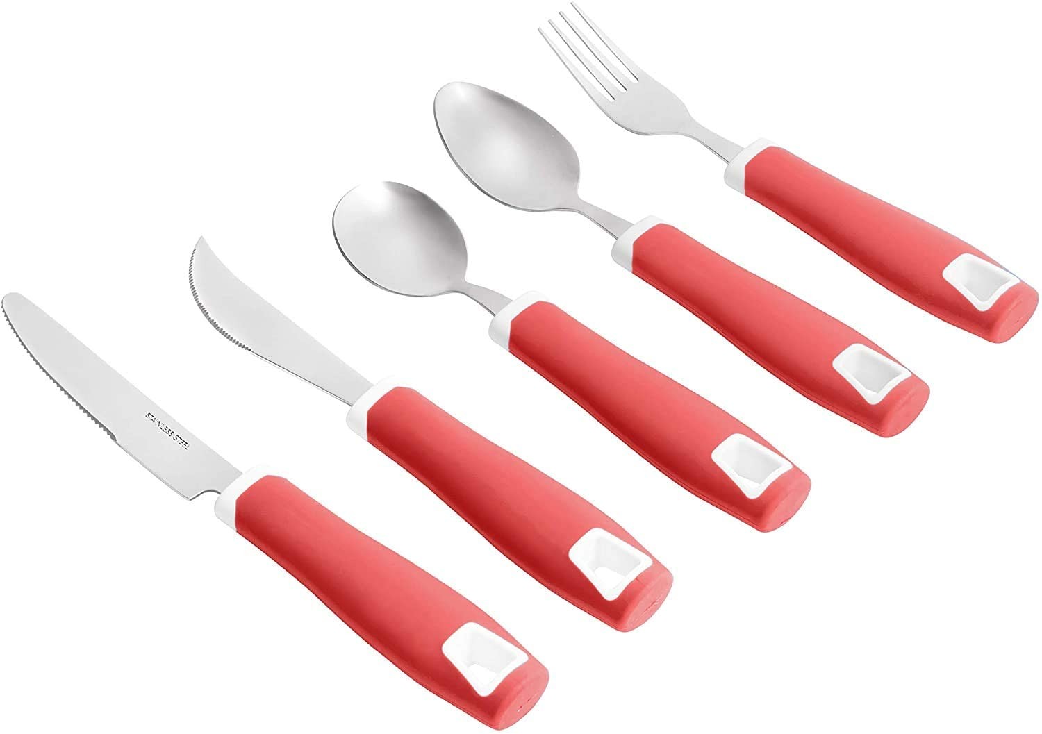 Set of 5 Red Adaptive Utensils - Stainless Steel Knife, Rocker Knife, Fork,  Soup Spoon, Dinner Spoon