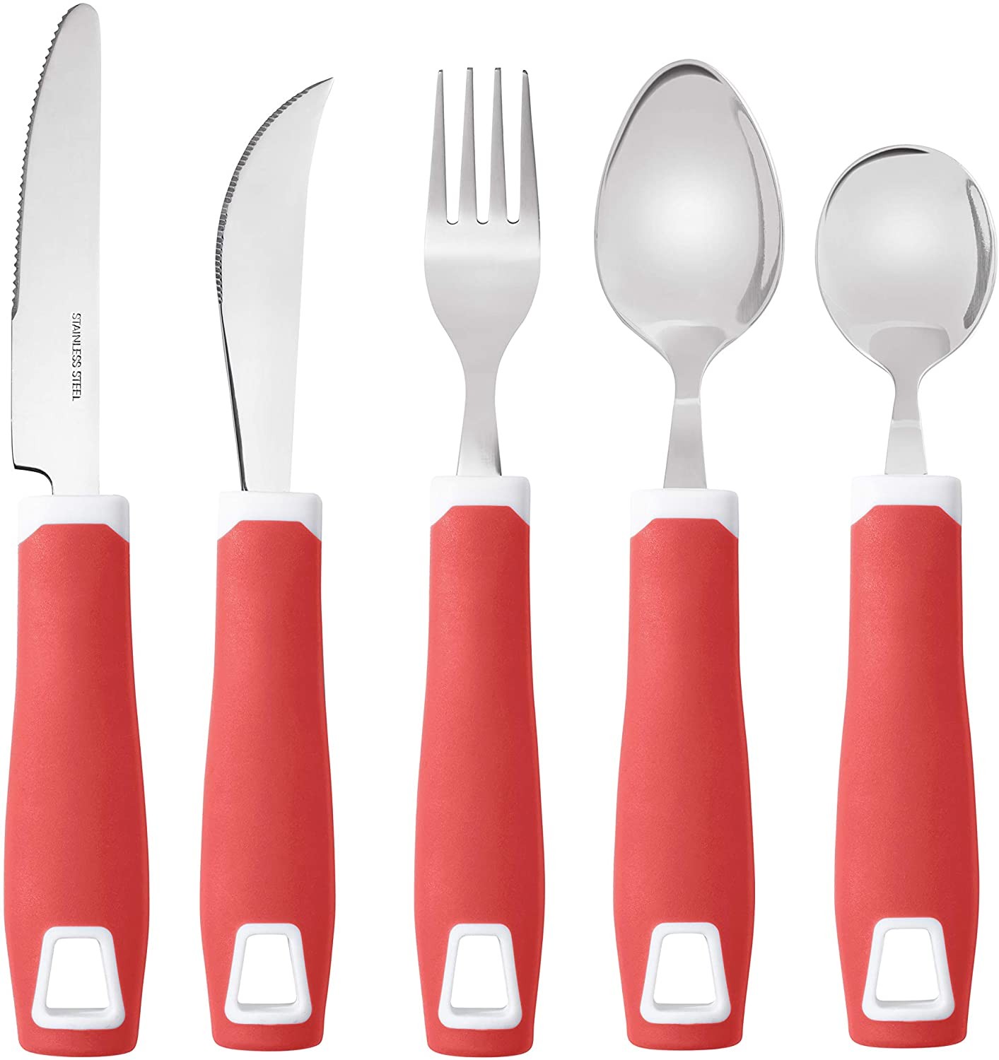Set of 5 Red Adaptive Utensils - Stainless Steel Knife, Rocker Knife, Fork, Soup Spoon, Dinner Spoon