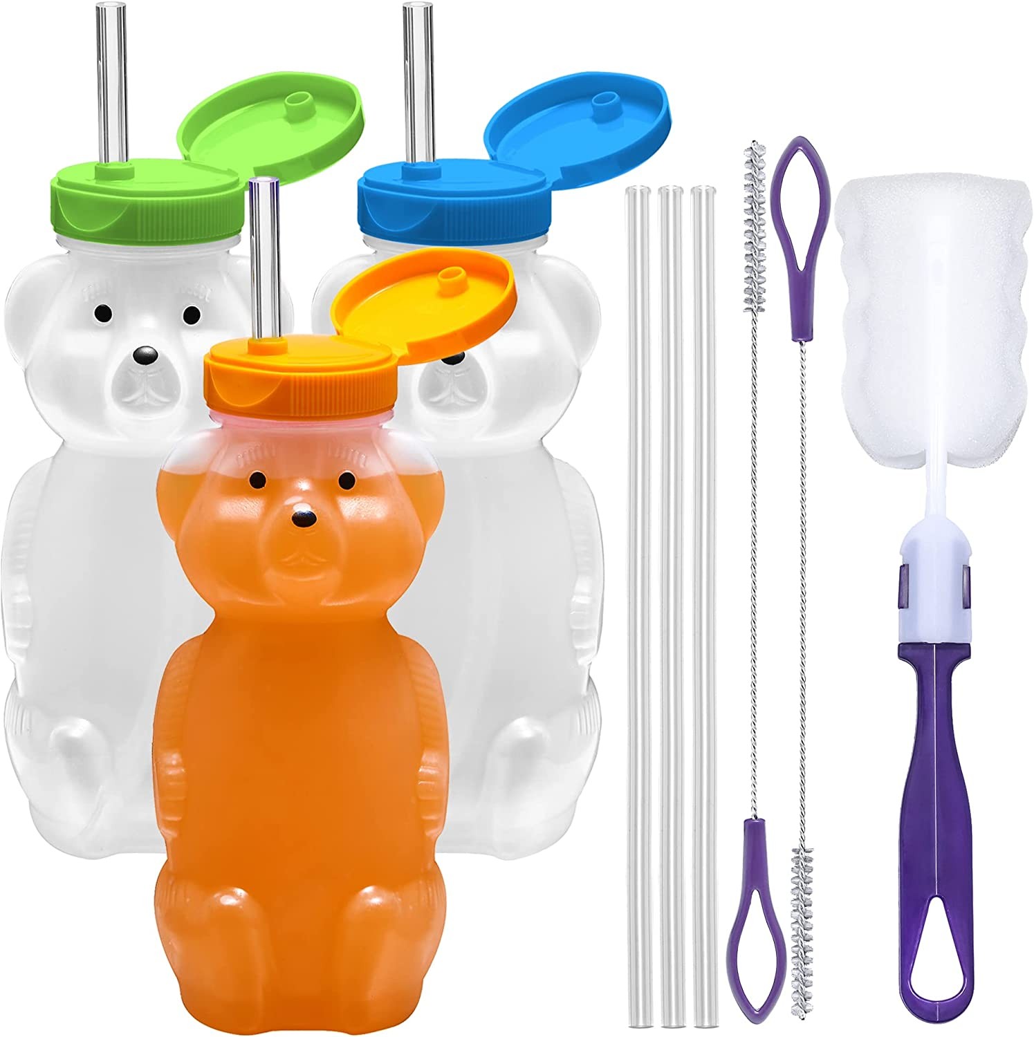 Honey Bear Straw Cups 3-Pack; 8-Ounce Therapy Sippy Bottles w/Flexible Straws