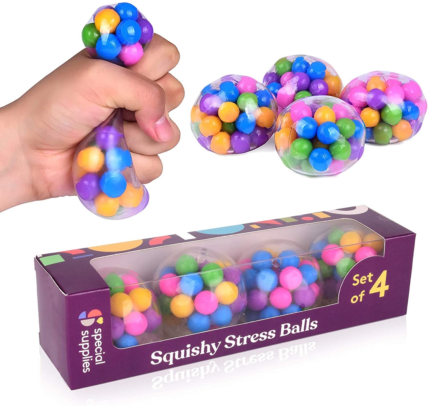 Squishy Stress Ball (4-Pack) Squeeze, Color Sensory Toy, Relieve Tension,  Anxiety, ADHD, Home, Travel and Office Use