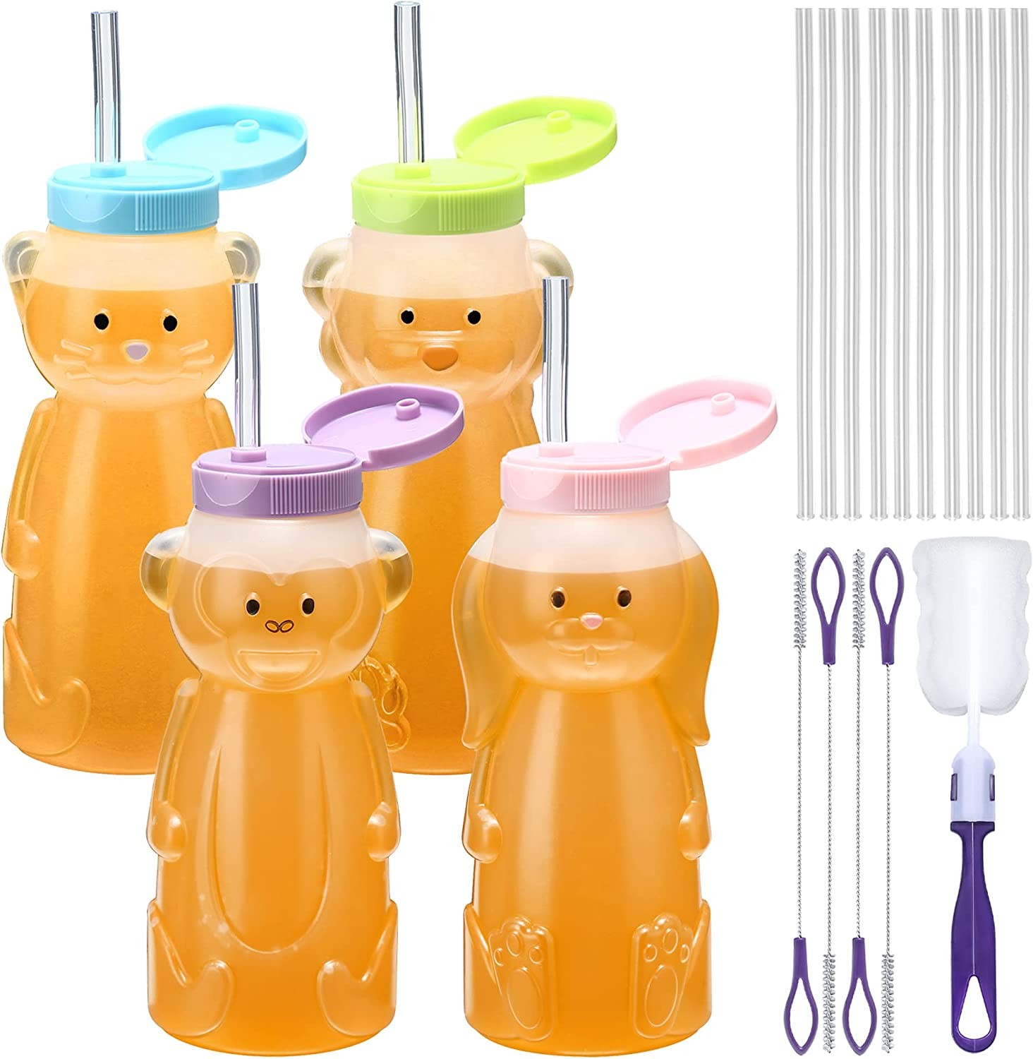 Honey Bear Sippy Cup: Reusable Plastic Straw Bottles With 6 Soft