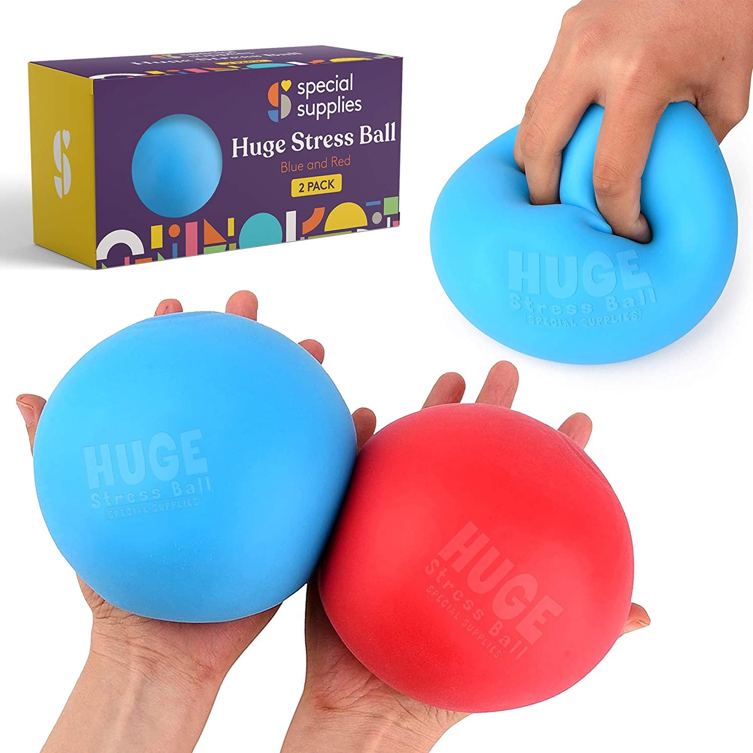 Jumbo Size Stress Balls for Kids and Adults - 2 Pack - Red and Blue