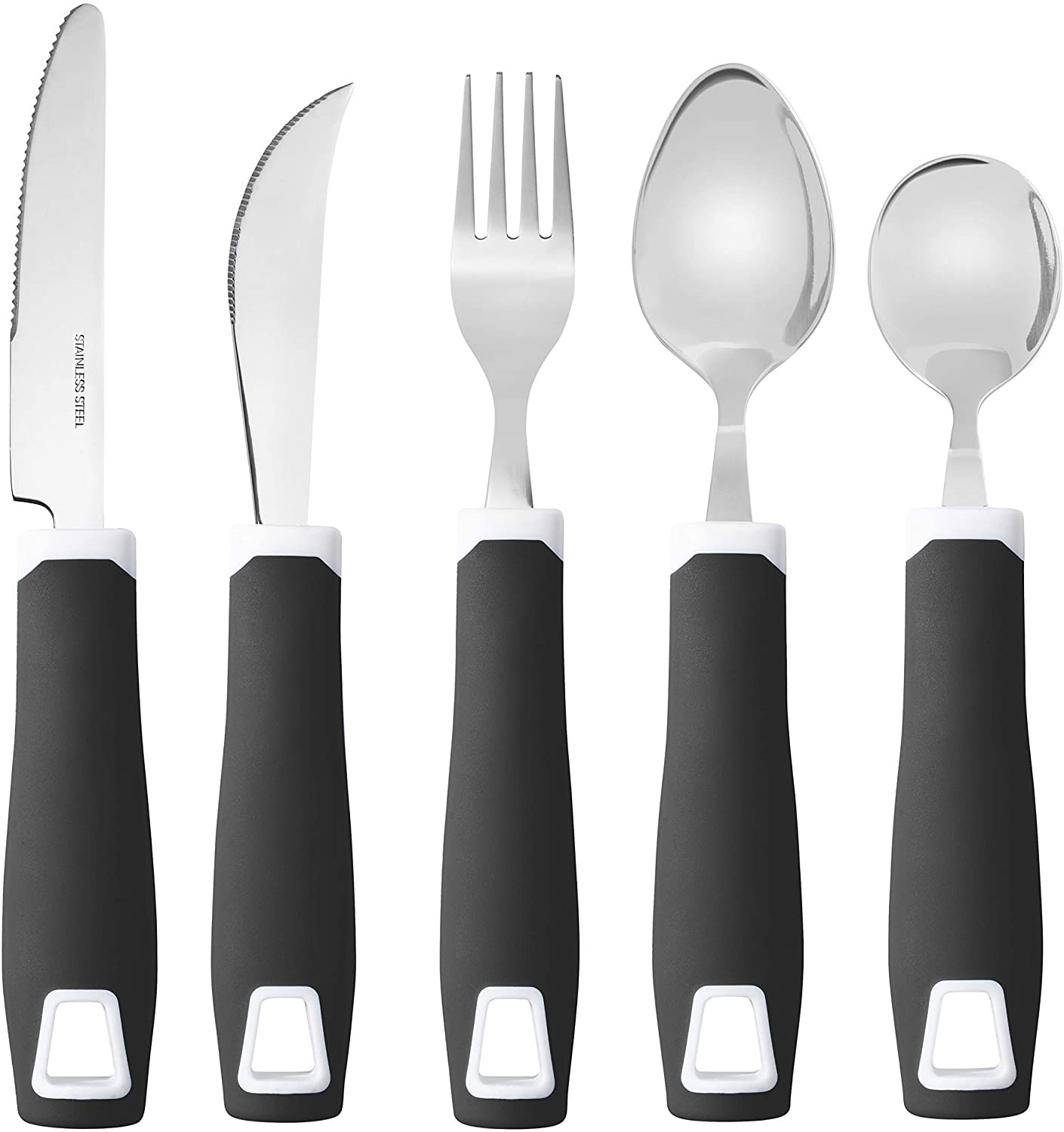Set of 5 Black Adaptive Utensils - Stainless Steel Knife, Rocker Knife,  Fork, Soup Spoon, Dinner Spoon