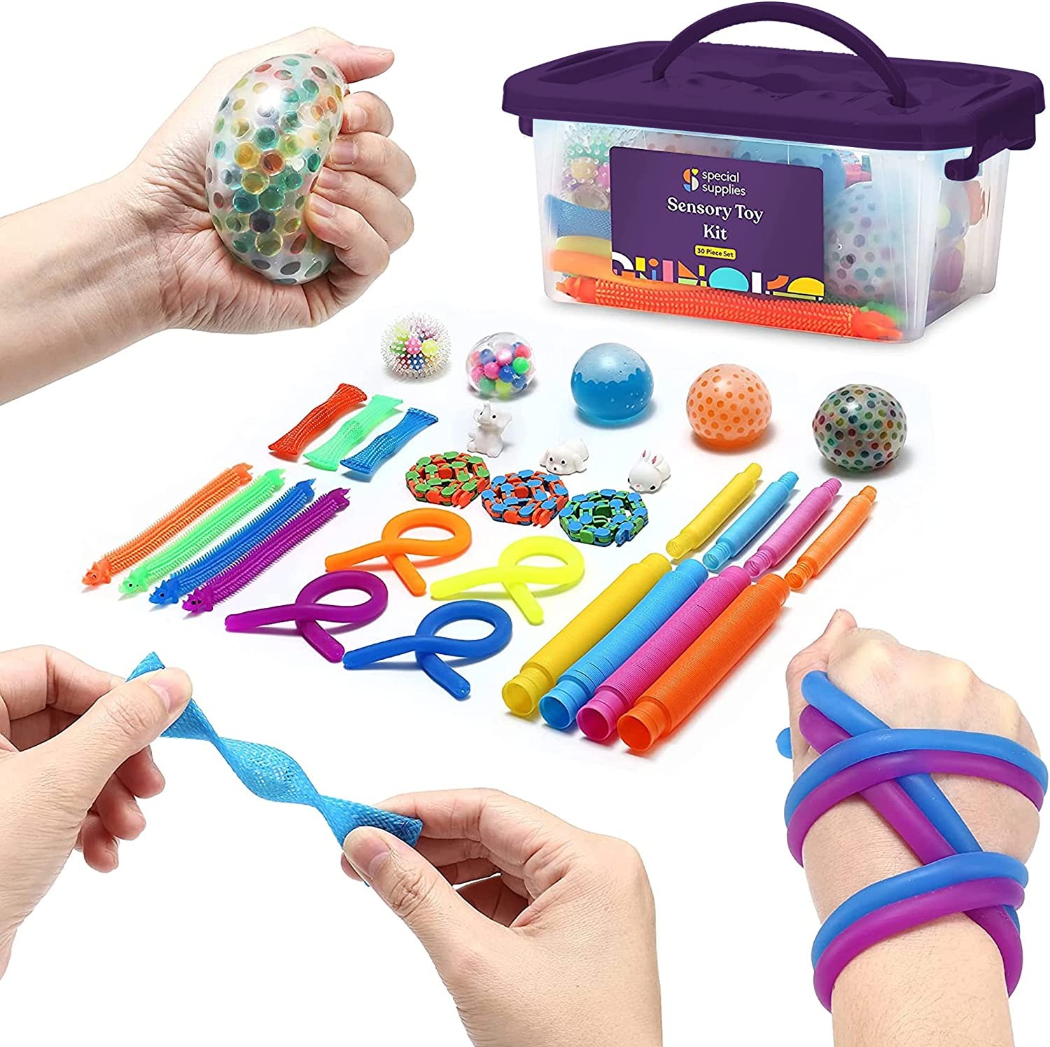 Special Supplies Fidget Toy Pack for Kids, 30 Pc. Set, Interactive Sensory Toys with Squishy Balls, Fun Tubes, Squeeze Pets, and Animal Stretchy Strings Fidgeting, ADHD, and Autism