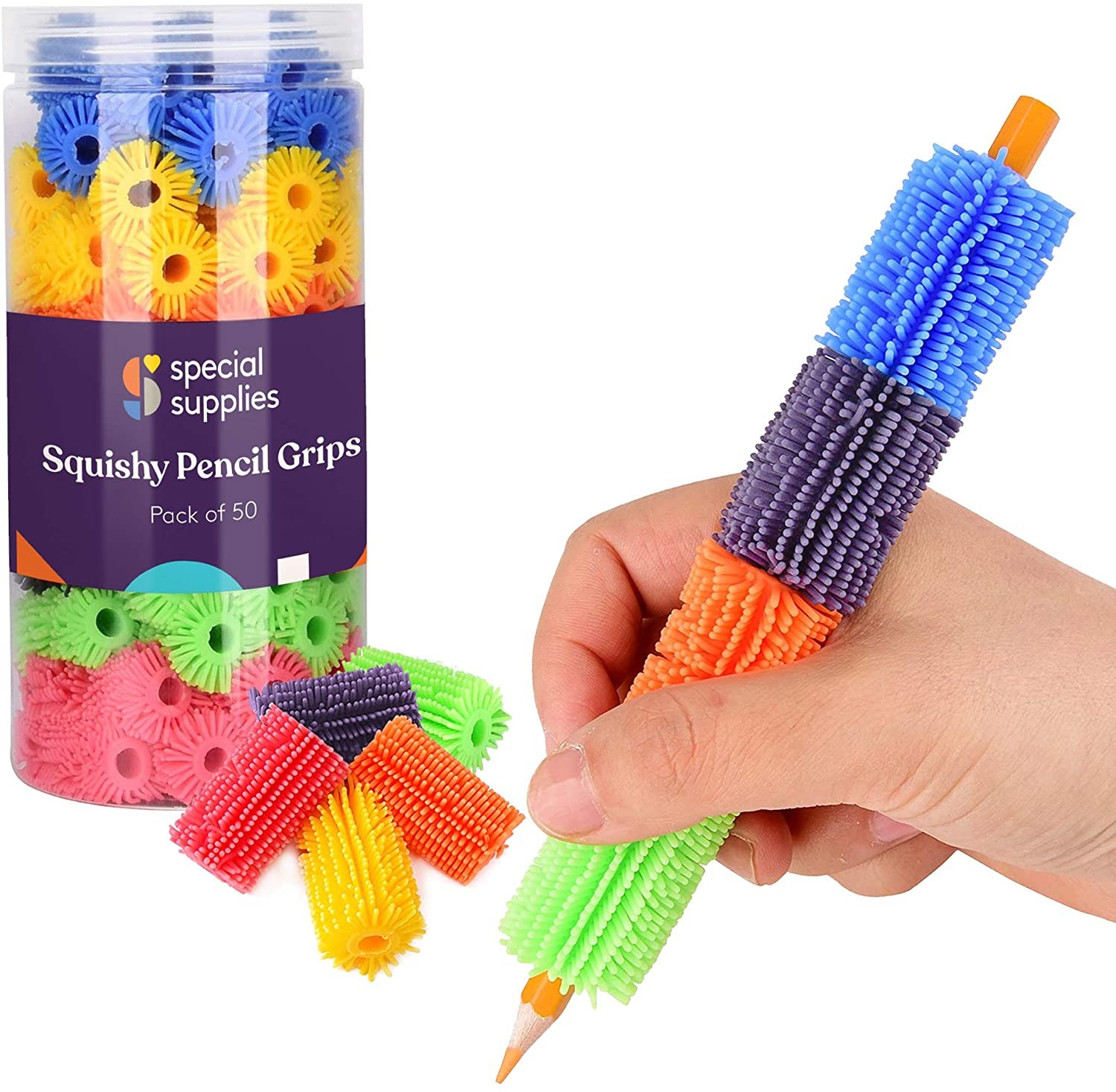 Special Supplies 50 Squishy Pencil Grips for Kids and Adults - Colorful, Cushioned Holders for Handwriting, Drawing, Coloring - Ergonomic Right or