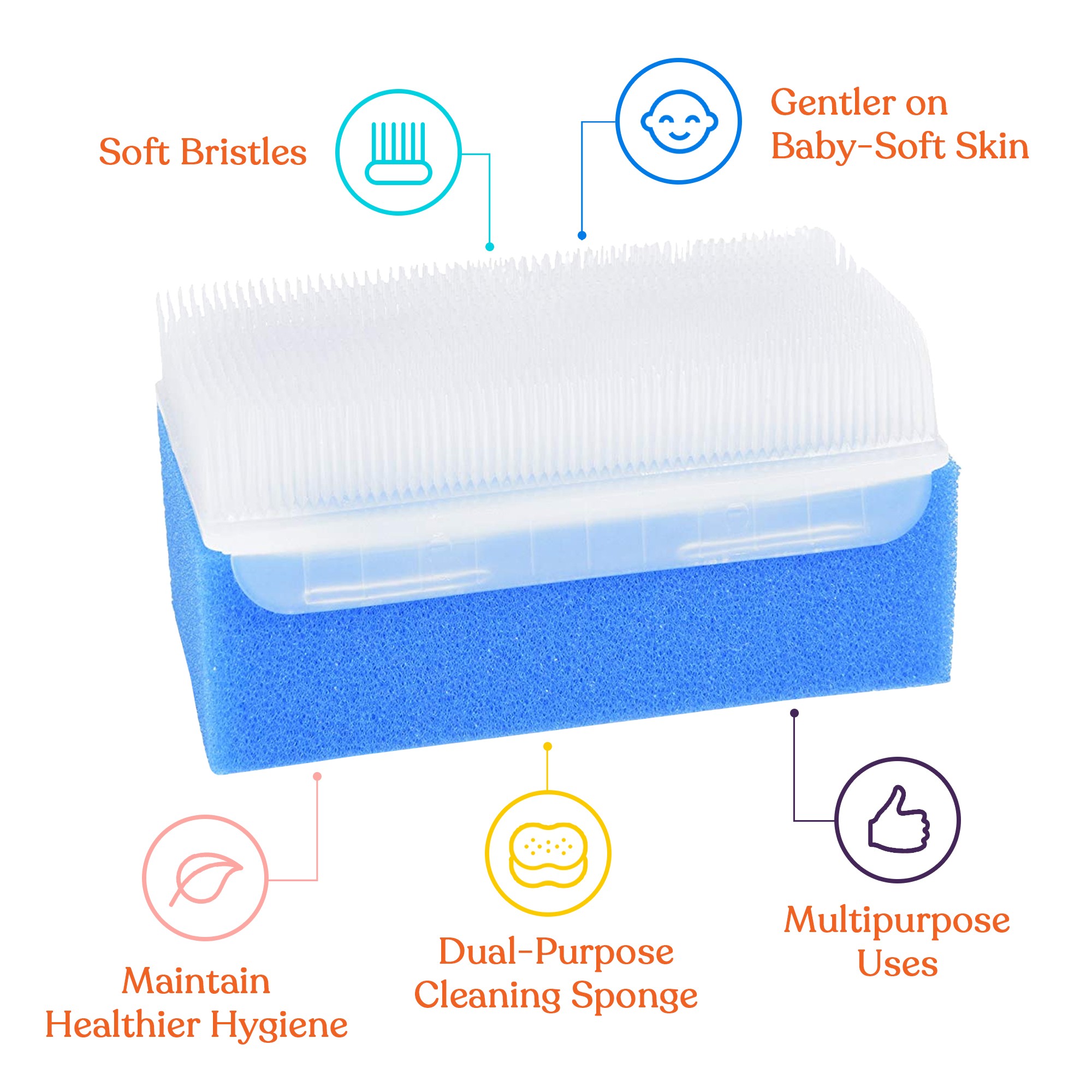 Baby Bath Sponge (6-Pack) Soft Foam Scrubber with Cradle Cap Bristle Brush  - Body, Hair, and Scalp Cleaning - Gentle on Infants