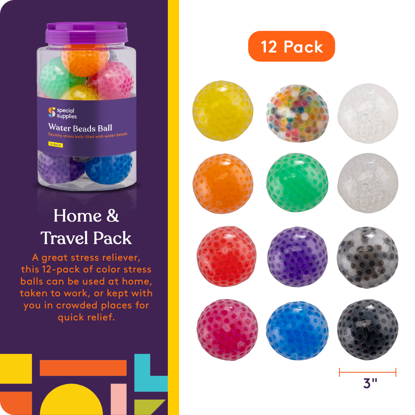 Special Supplies Squish Water Beads Stress Ball (12-Pack) Squeeze, Color  Sensory Toy - Relieve Tension, Stress - Home, Travel and Office Use - Fun  for Kids and Adults (Squishy)
