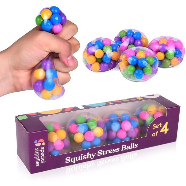 Squishy Stress Ball (4-Pack) Squeeze, Color Sensory Toy, Relieve Tension,  Anxiety, ADHD, Home, Travel and Office Use