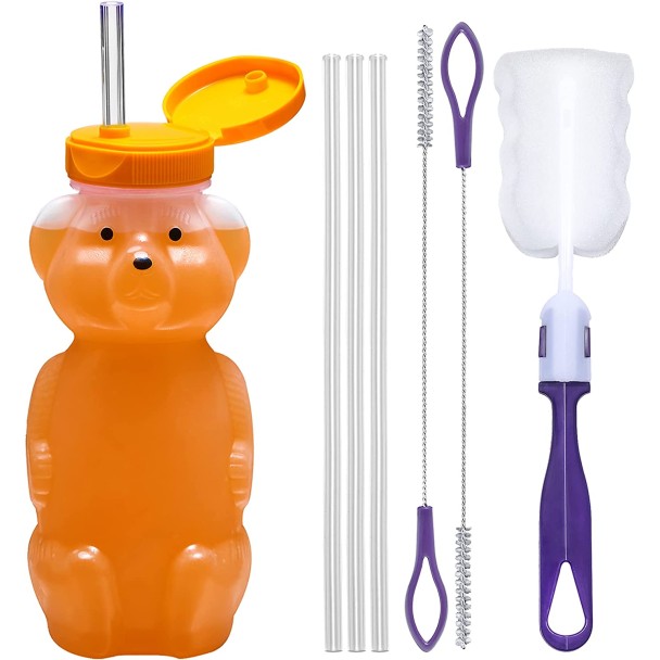 6-pack Juice Bear Bottle Drinking Cup with Long Straws (8 Ounces)